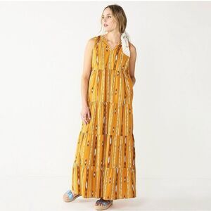 Sonoma Ikat Stripe Tiered Sleeveless Maxi Dress Yellow Blue XS‎ Western Boho